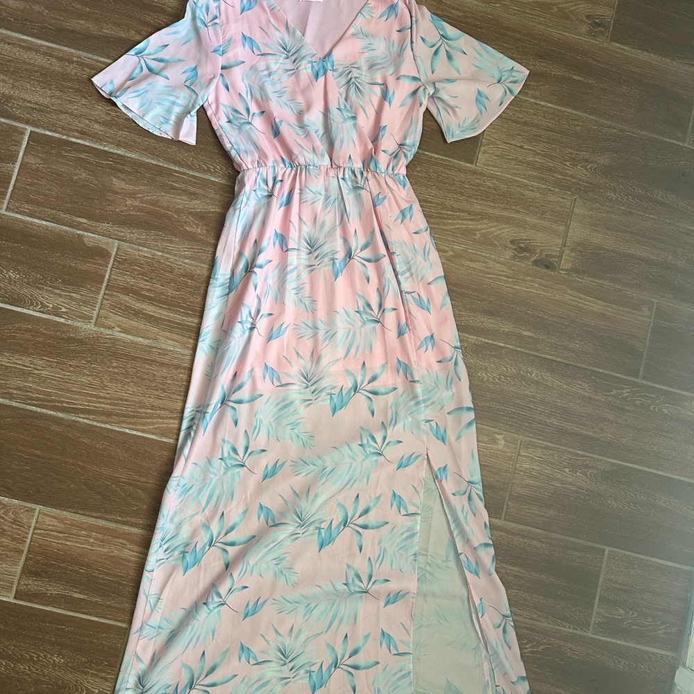 Pink Lily Blue and Green Flutter Sleeve Sundress